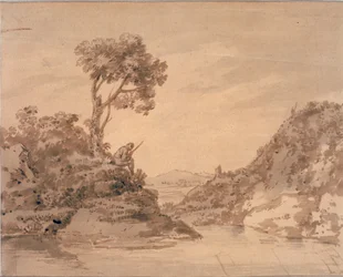 Landschaft mit Figur am Ufer eines Teiches